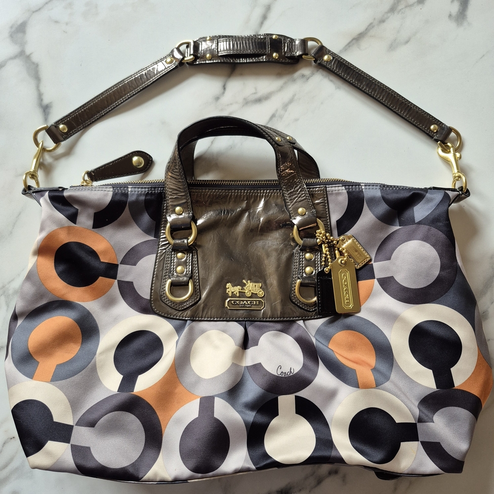 Coach Madison Op Art Graphic Sabrina Bag Purse 12966 Gray Orange Logo Satchel